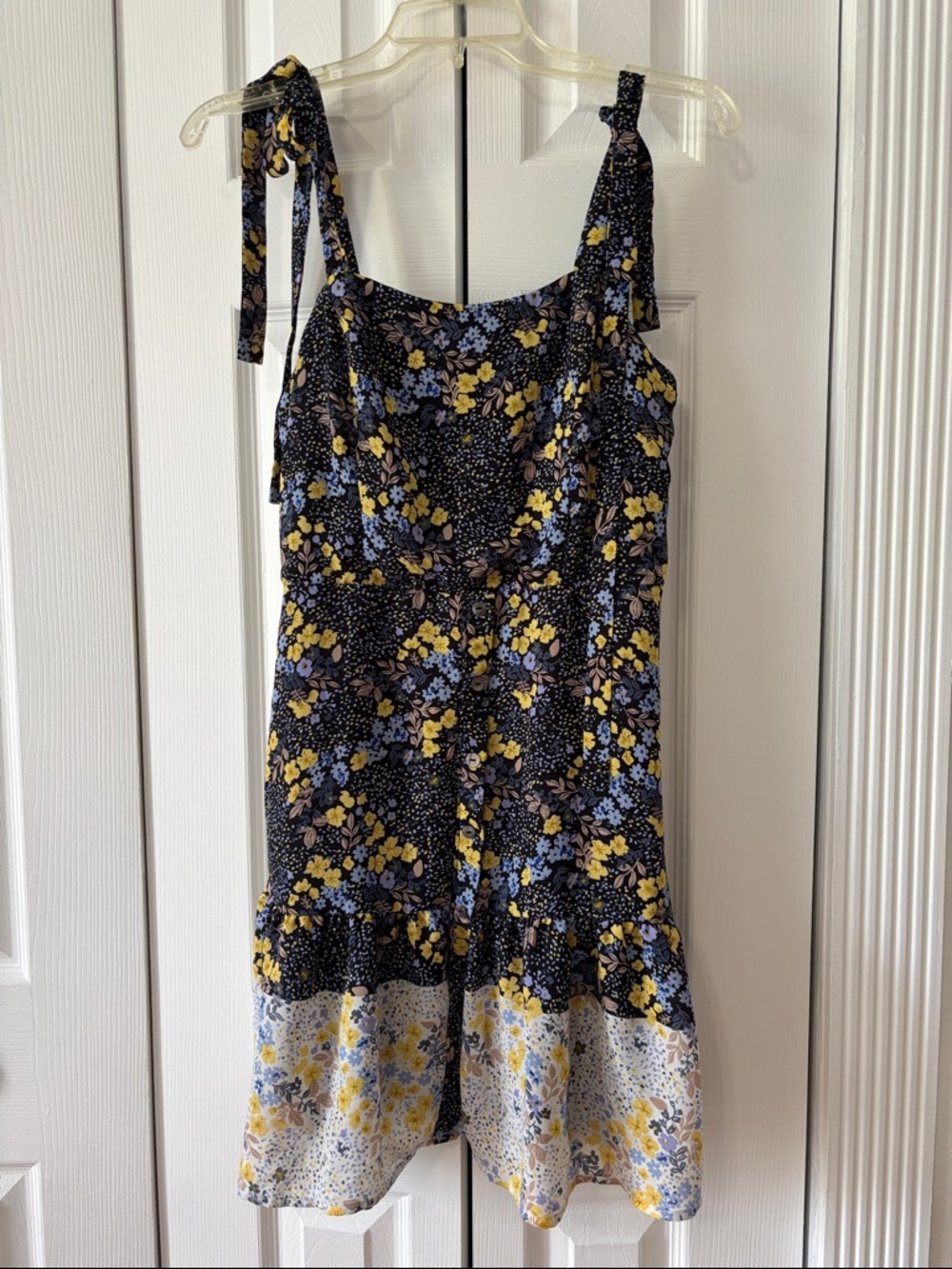 Floral Tie-Shoulder Sundress - Navy with Yellow & Light Blue